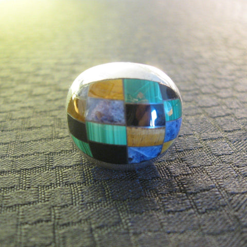 SS Sterling Silver Oval Domed Mosaic Stone Inlay Ring - NIB