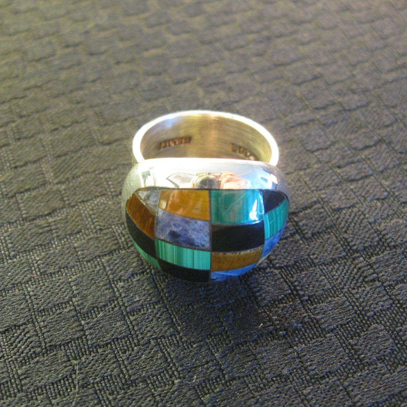 SS Sterling Silver Oval Domed Mosaic Stone Inlay Ring - NIB