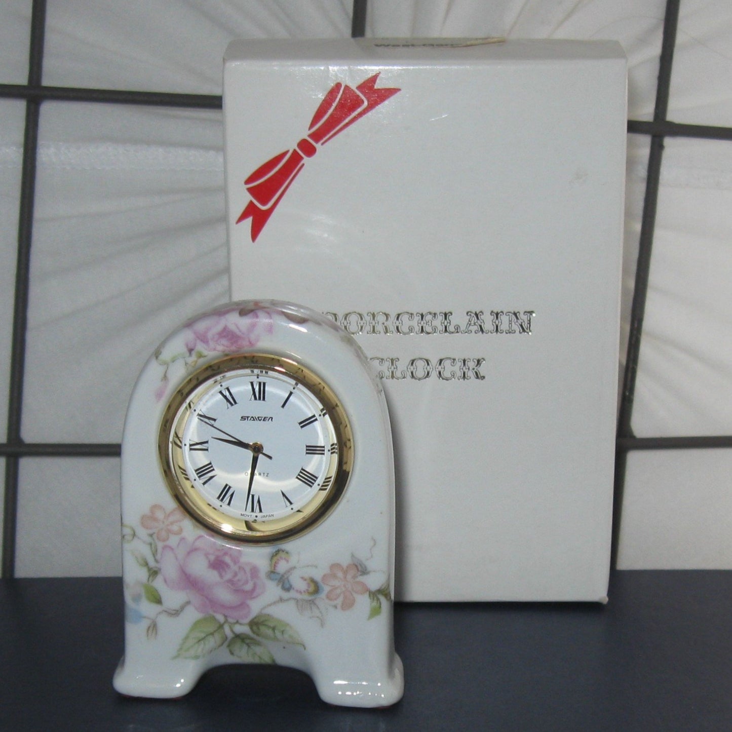 Straiger Table Mantle Carriage Clock Porcelain Flower design NIB